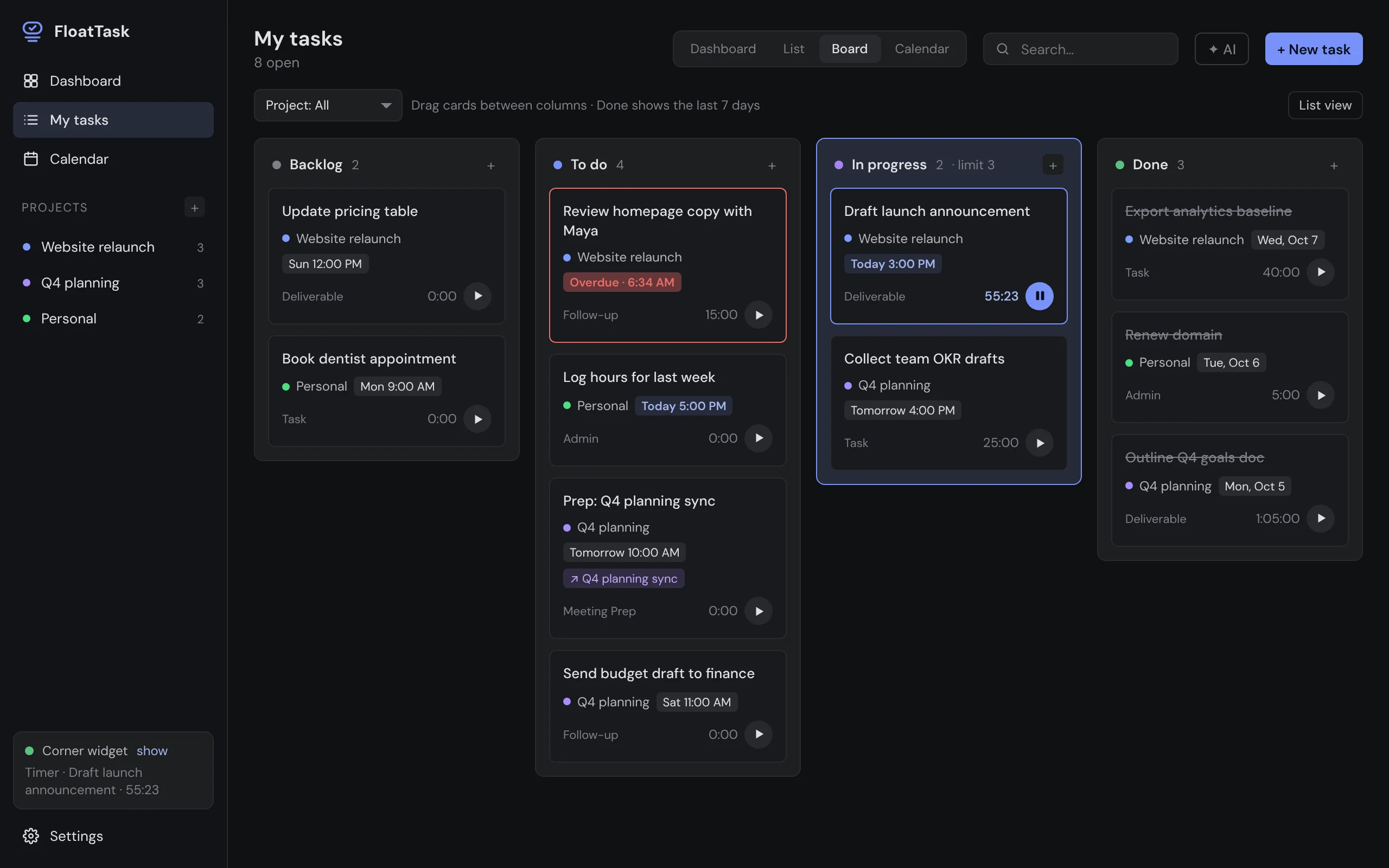 The FloatTask full app in Board view with Backlog, To do, In progress and Done columns.