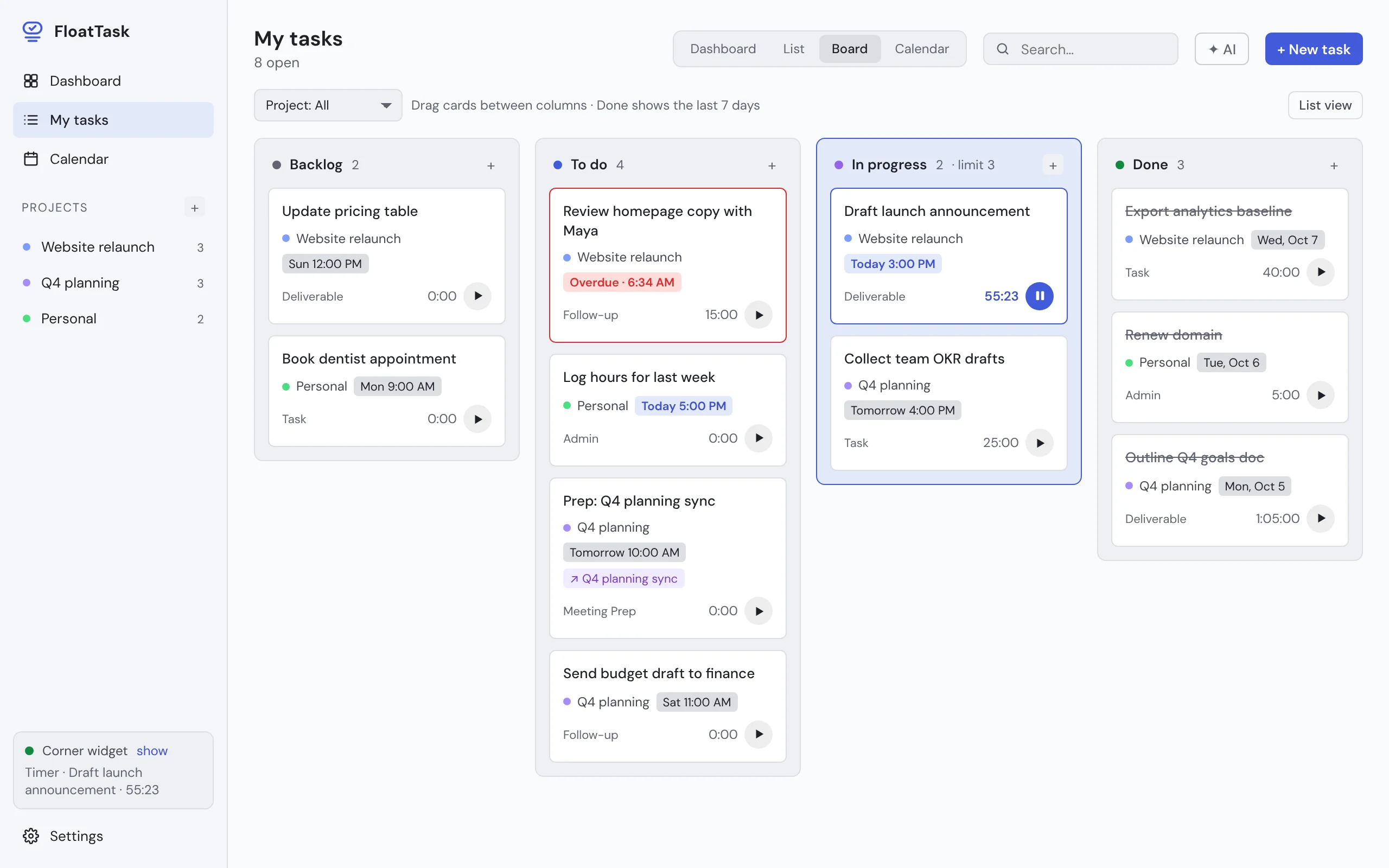 The FloatTask full app in Board view with Backlog, To do, In progress and Done columns.