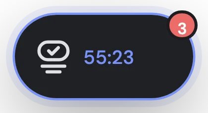 The collapsed FloatTask pill showing a running timer of 55:23 and 3 tasks due.