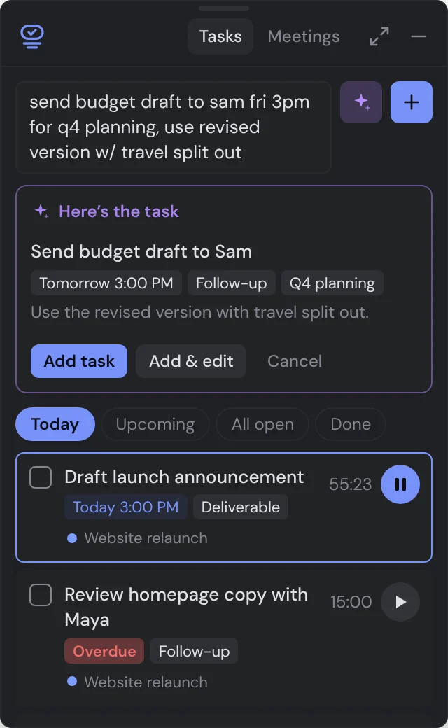 The widget showing a typed note turned into a proposed task with a due date, type, project and notes.