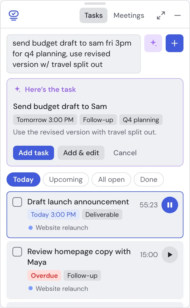 The widget showing a typed note turned into a proposed task with a due date, type, project and notes.